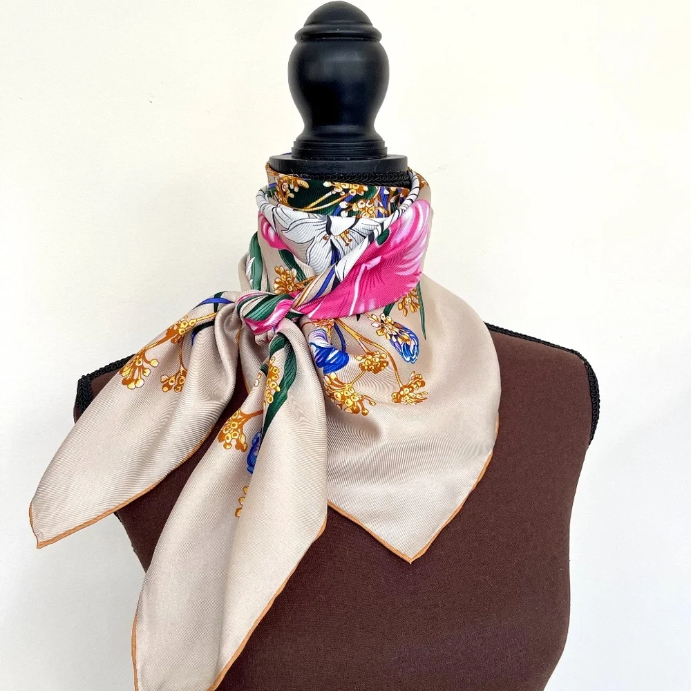 New Salvatore Ferragamo Silk Scarf Flowers Beige Multicolor Wrap Scarf